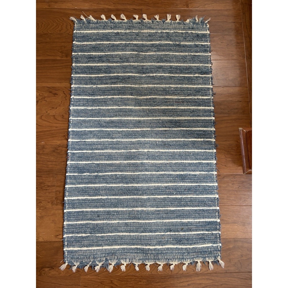 Vintage Braided Woven Striped Rag Rug‎ Blue And Cream 40" x  23"